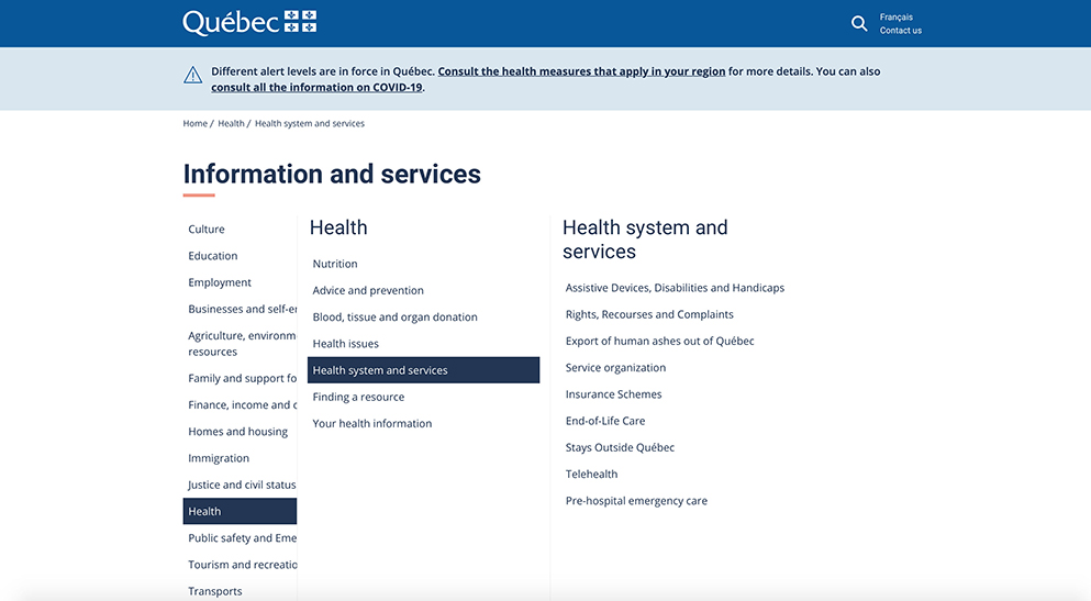 Screenshot of the path to access the Telehealth page on Quebec.ca