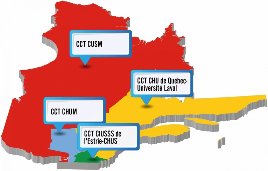 Carte du Québec avec découpage des 4 territoires de CCT. 