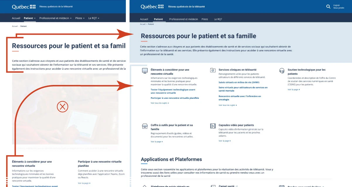 Illustration avant / après de l’interface de la page « Ressources pour le patient et sa famille »
