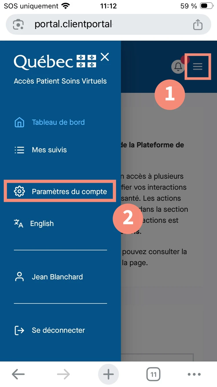 Emplacement des paramètres de compte dans le portail Accès Patient de la PSV sur appareil mobile.