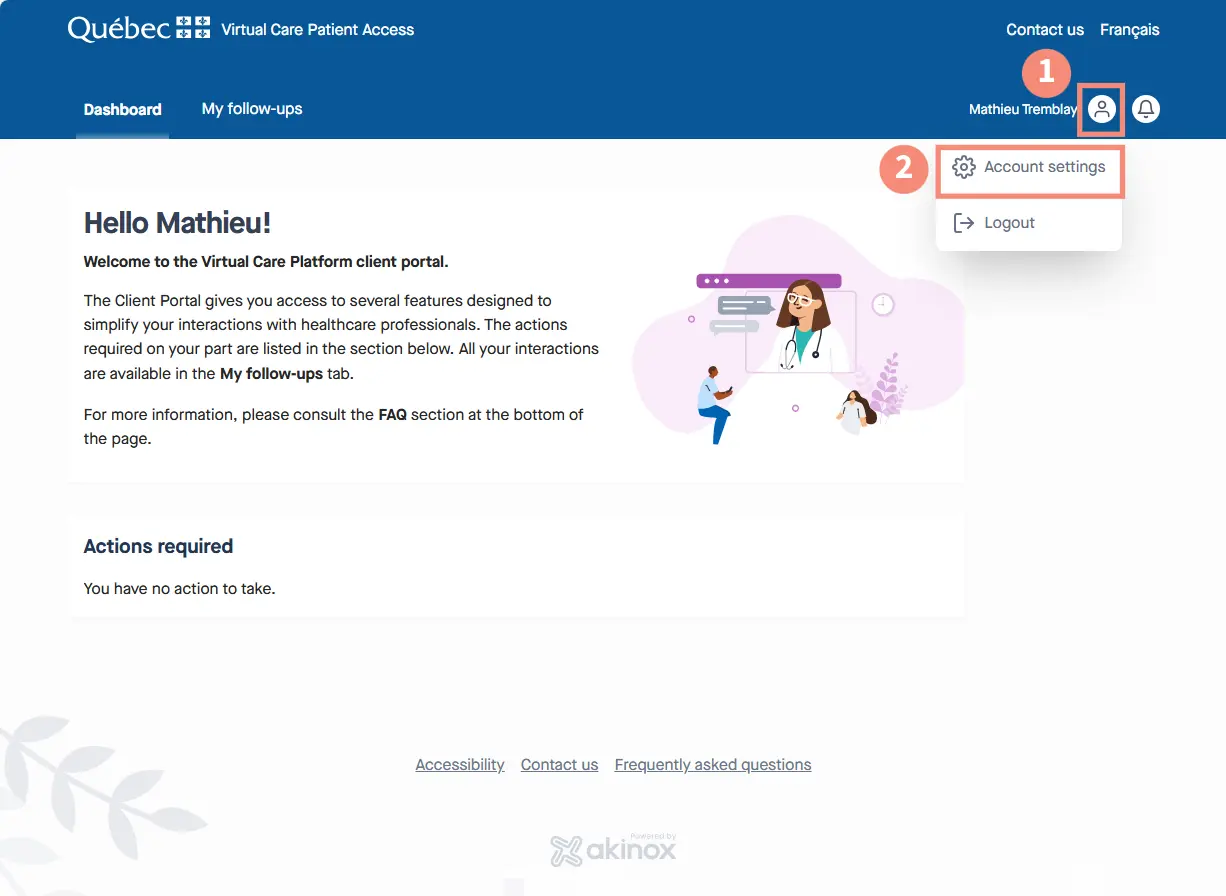 Location of account settings in the PSV Patient Access Portal on a computer.