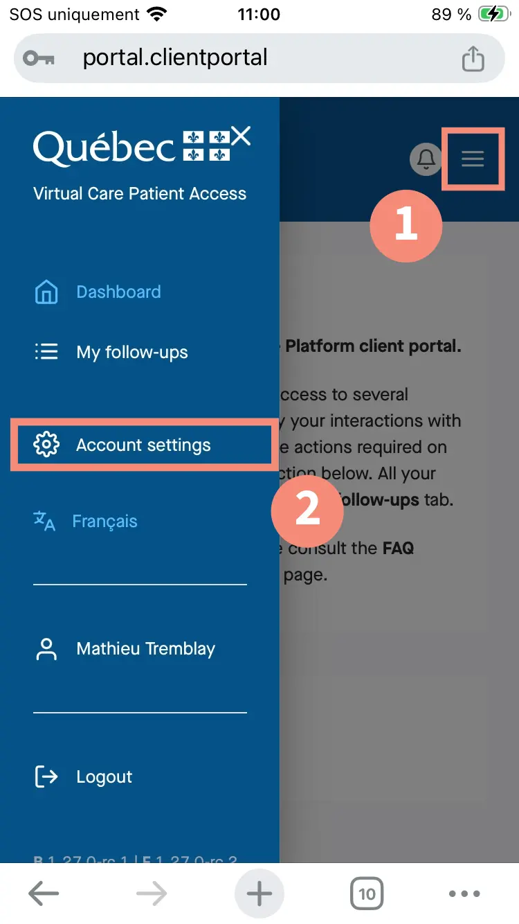 Location of account settings in the PSV Patient Access Portal on a mobile device.